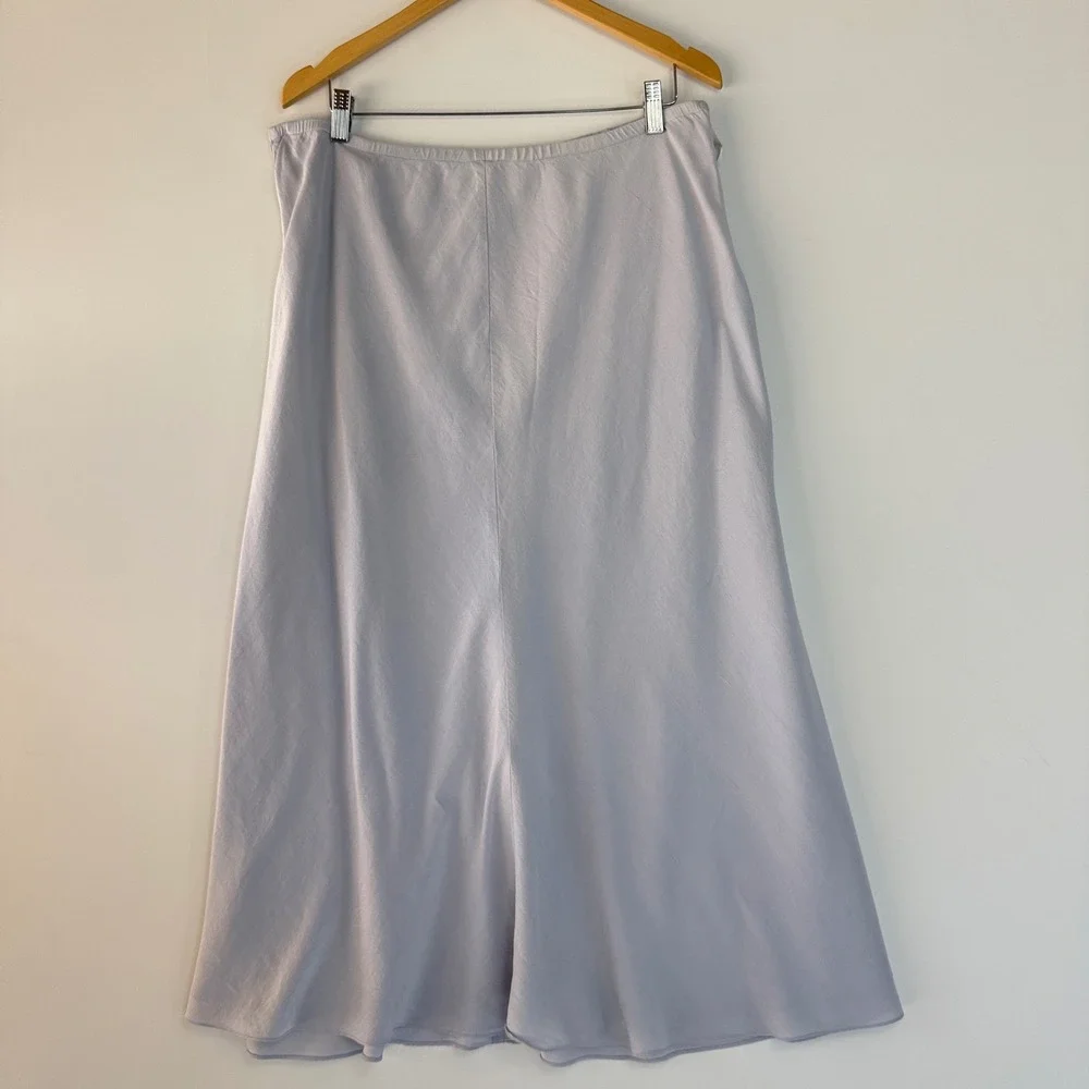 Eileen Fisher 100% Silk Midi Skirt Women 1X Light Blue Grey A-Line Elastic Waist